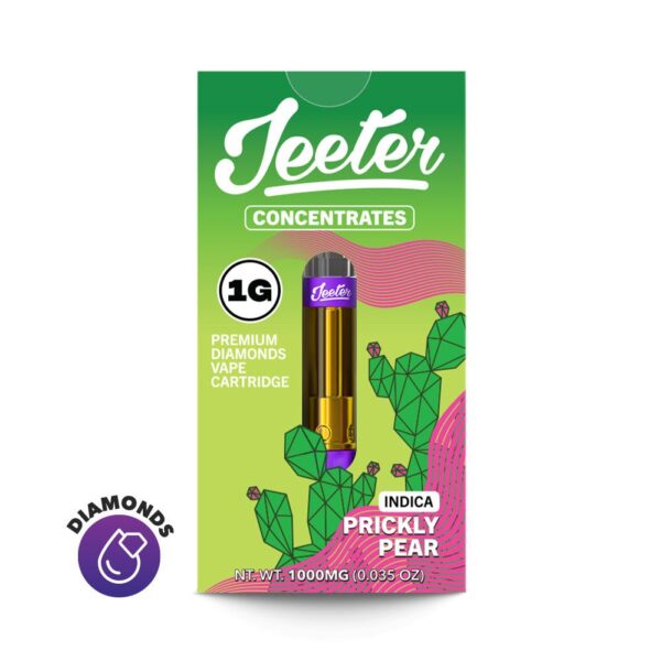 "Jeeter Juice Prickly Pear vape cartridge, showcasing vibrant packaging with a tropical cactus and prickly pear design, offering a refreshing cannabis experience with a unique prickly pear flavor."