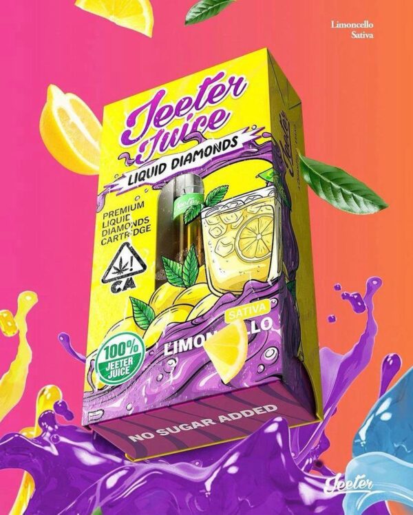 "Jeeter Juice Limonchello" is a cannabis vape cartridge featuring the refreshing flavor profile of limoncello, combining citrusy lemon notes with a smooth, sweet finish. It offers a potent, uplifting experience, perfect for those seeking a burst of energy and focus. This product is typically enjoyed for its balanced high and rich flavor, providing a delightful vape experience for cannabis enthusiasts.