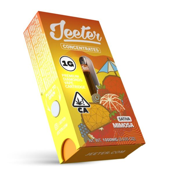 "Jeeter Juice Mimosa is a premium cannabis-infused vape cartridge, offering a refreshing and energizing Mimosa strain with citrus and tropical flavors. Ideal for those looking for a balanced high with a euphoric and uplifting effect. A great choice for daytime use."