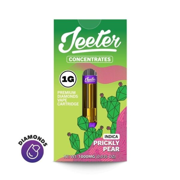 "Jeeter Juice Prickly Pear vape cartridge featuring a vibrant design showcasing the fruit and flavor inspiration. The cartridge contains a high-quality concentrate infused with the unique, refreshing taste of prickly pear, known for its sweet and slightly tart flavor. The sleek packaging reflects the bold, exotic experience offered by this strain, delivering smooth hits with every puff."